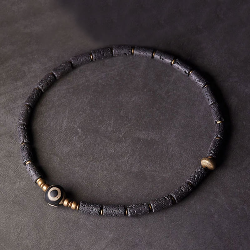 Vintage Lava Rock Three-eyed Dzi Bead Copper Brass Multi-turn Wrap Calm Bracelet