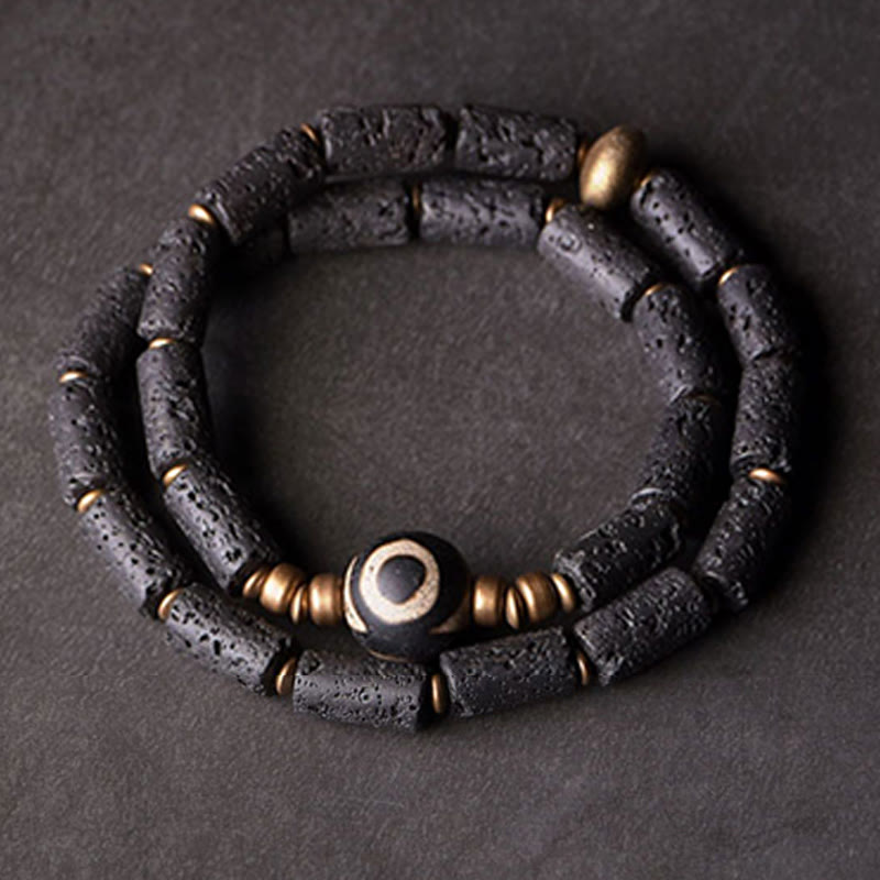 Vintage Lava Rock Three-eyed Dzi Bead Copper Brass Multi-turn Wrap Calm Bracelet