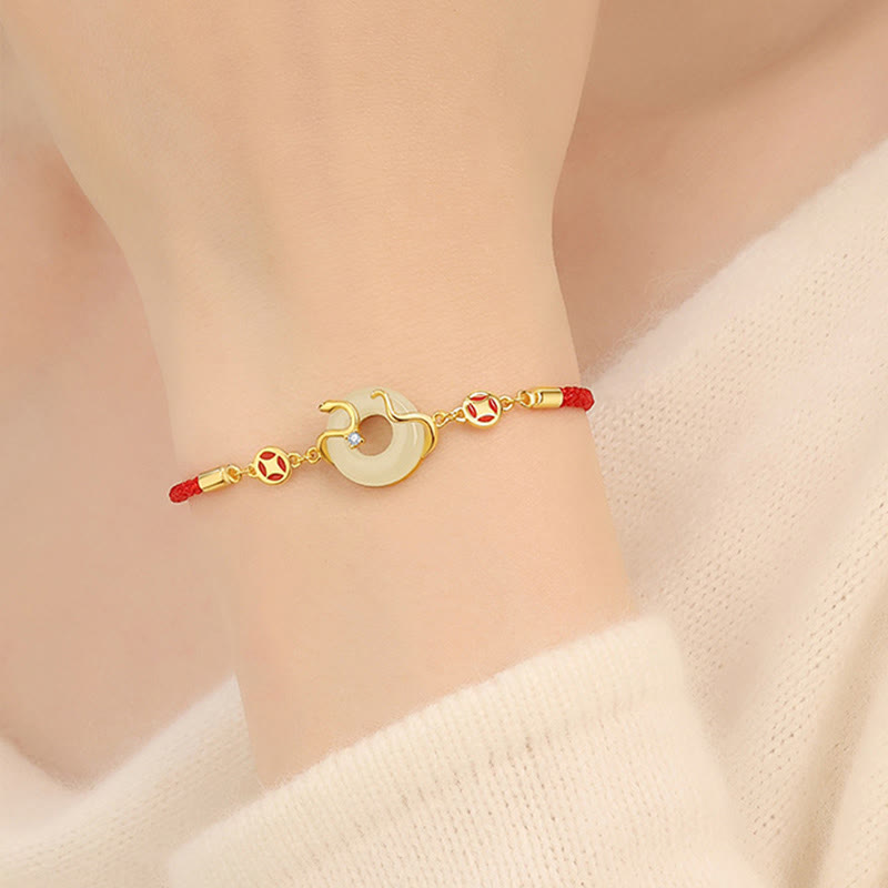 Hetian Jade Chalcedony Peace Buckle Coin 925 Sterling Silver Year Of The Snake Red String Prosperity Bracelet