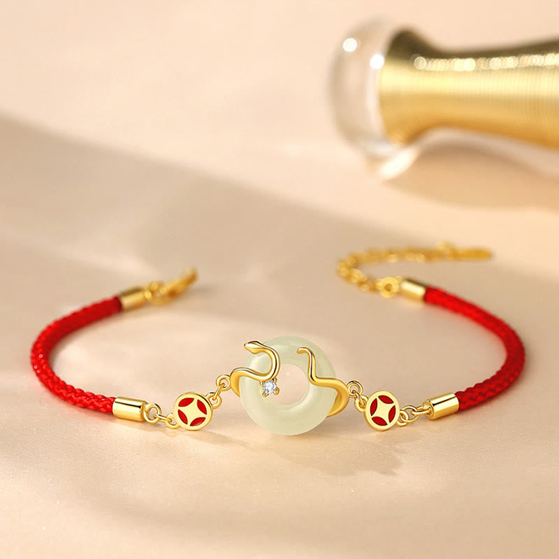 Hetian Jade Chalcedony Peace Buckle Coin 925 Sterling Silver Year Of The Snake Red String Prosperity Bracelet