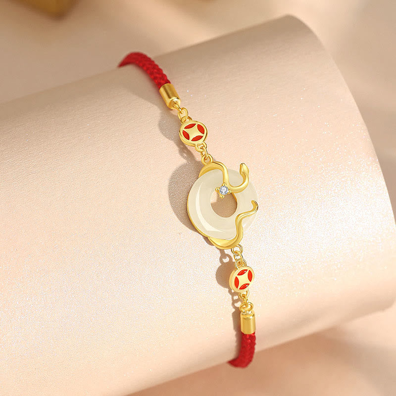 Hetian Jade Chalcedony Peace Buckle Coin 925 Sterling Silver Year Of The Snake Red String Prosperity Bracelet