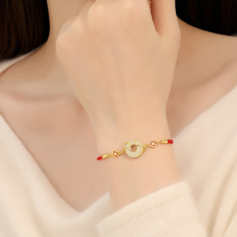 Hetian Jade Chalcedony Peace Buckle Coin 925 Sterling Silver Year Of The Snake Red String Prosperity Bracelet