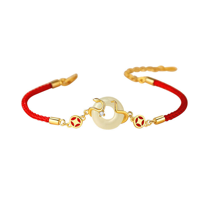 Hetian Jade Chalcedony Peace Buckle Coin 925 Sterling Silver Year Of The Snake Red String Prosperity Bracelet