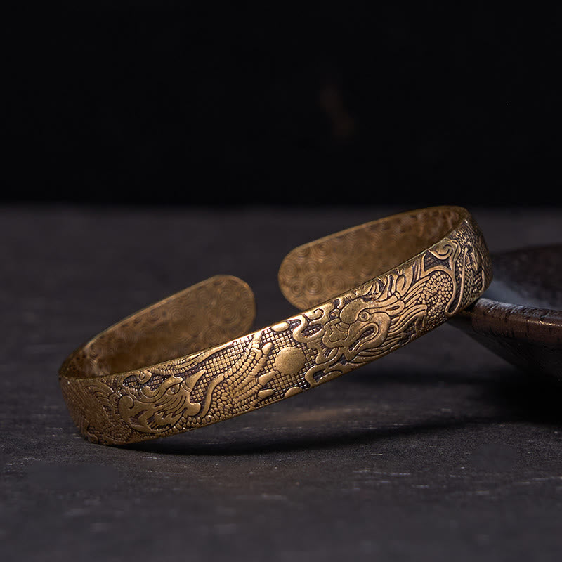 Carved Brass & Copper Dragon Phoenix Pearl Bracelet Bangle with Adjustable Fit
