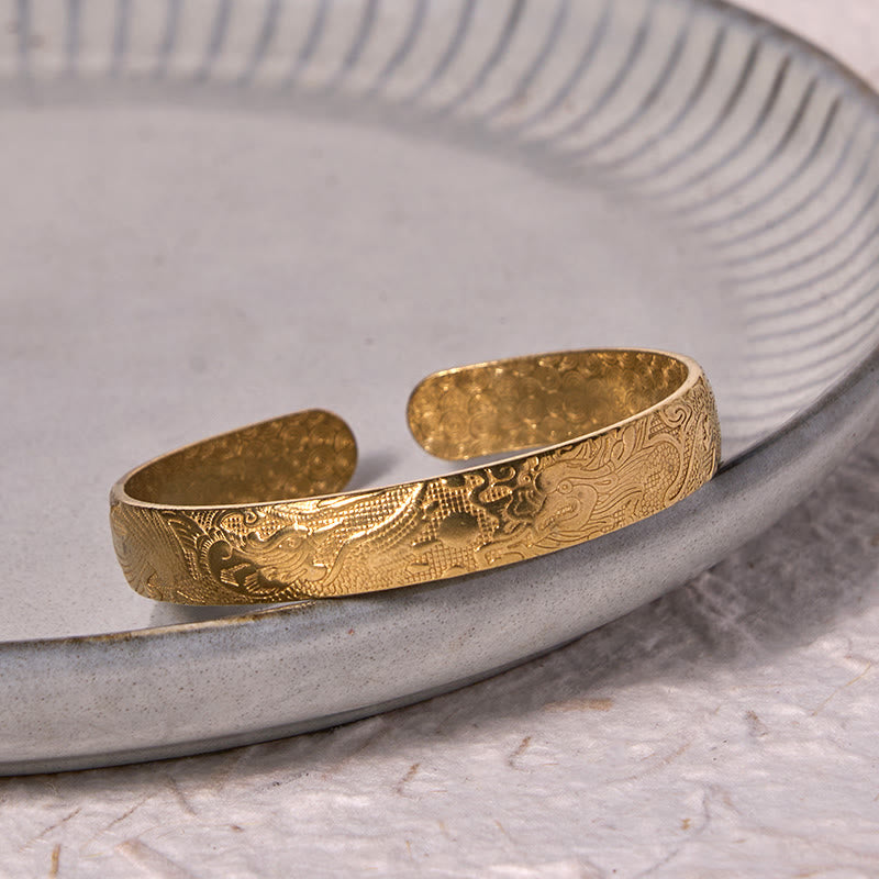 Carved Brass & Copper Dragon Phoenix Pearl Bracelet Bangle with Adjustable Fit