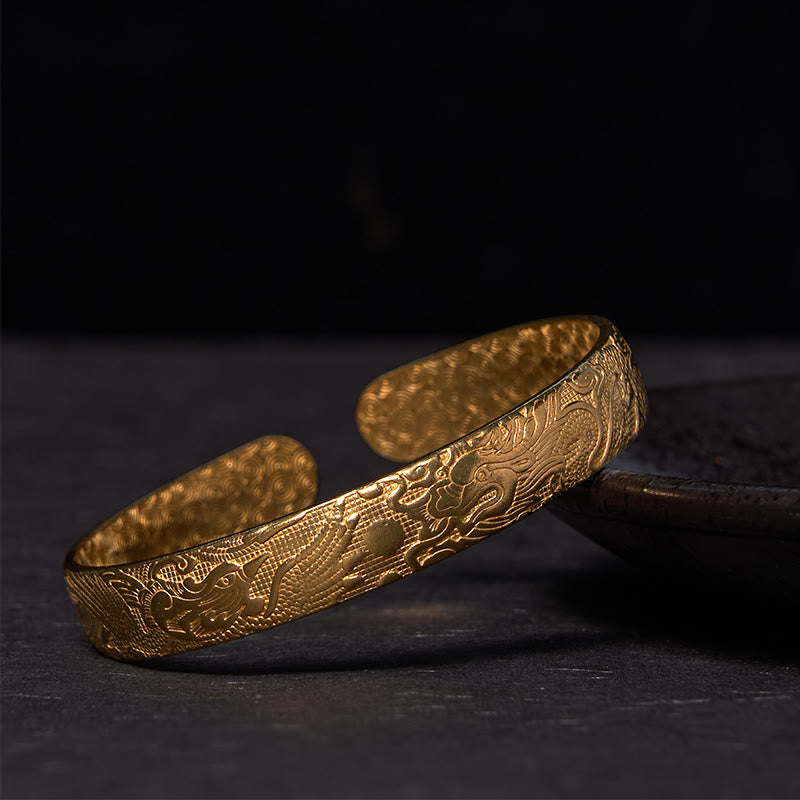 Carved Brass & Copper Dragon Phoenix Pearl Bracelet Bangle with Adjustable Fit