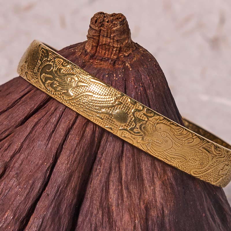 Carved Brass & Copper Dragon Phoenix Pearl Bracelet Bangle with Adjustable Fit