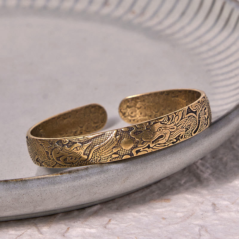 Carved Brass & Copper Dragon Phoenix Pearl Bracelet Bangle with Adjustable Fit