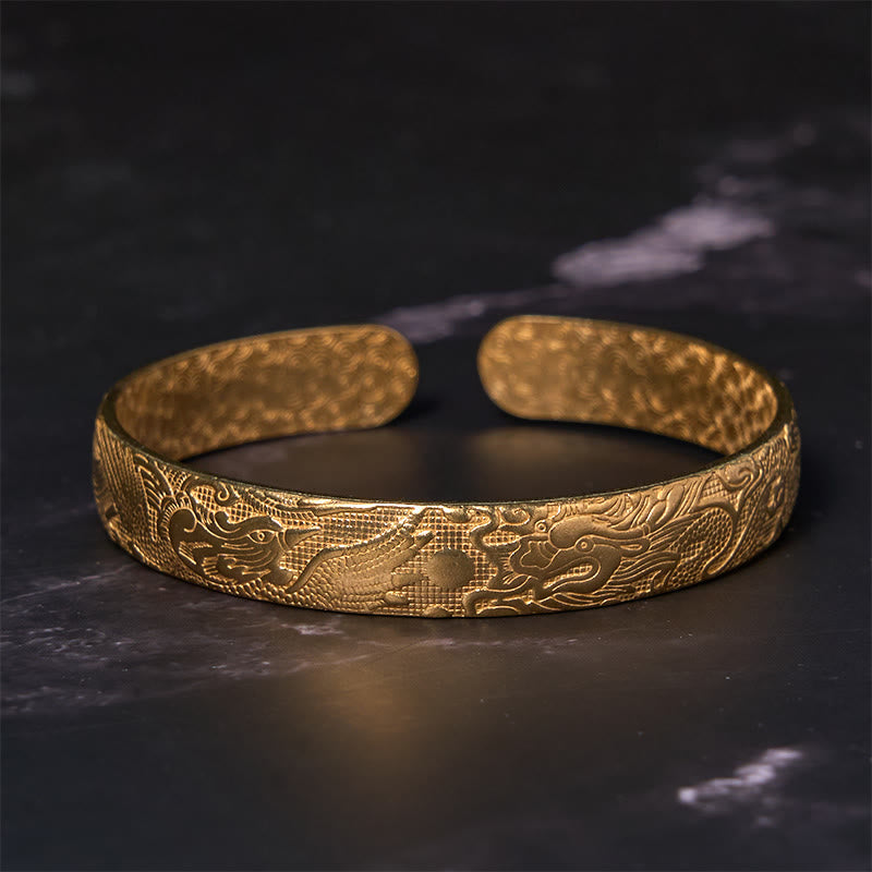 Carved Brass & Copper Dragon Phoenix Pearl Bracelet Bangle with Adjustable Fit