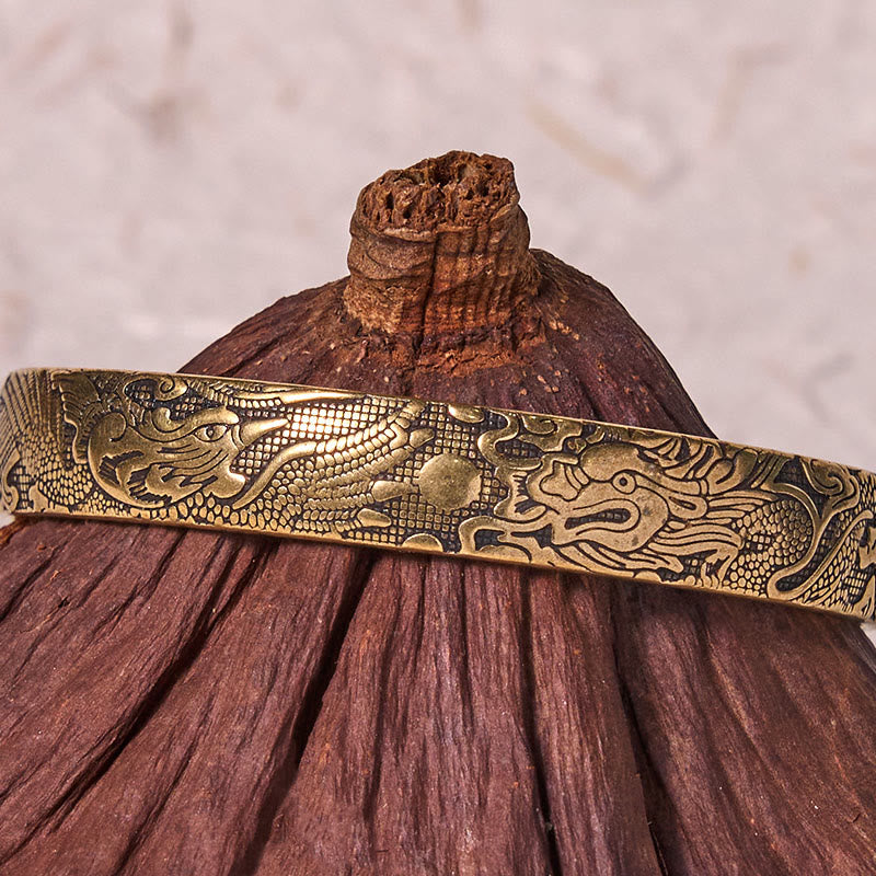 Carved Brass & Copper Dragon Phoenix Pearl Bracelet Bangle with Adjustable Fit