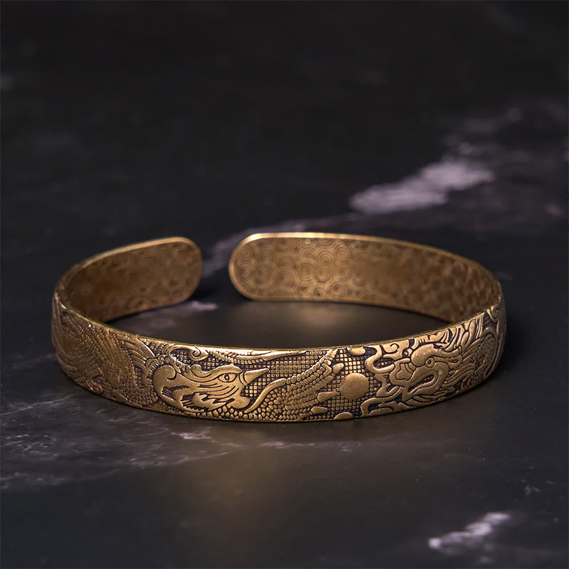 Carved Brass & Copper Dragon Phoenix Pearl Bracelet Bangle with Adjustable Fit