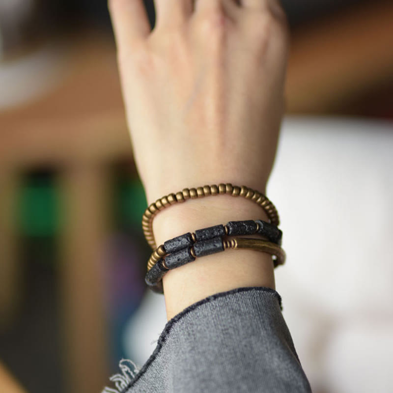 Vintage Lava Rock Copper Brass Multi-turn Wrap Calm Bracelet
