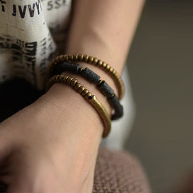 Vintage Lava Rock Copper Brass Multi-turn Wrap Calm Bracelet