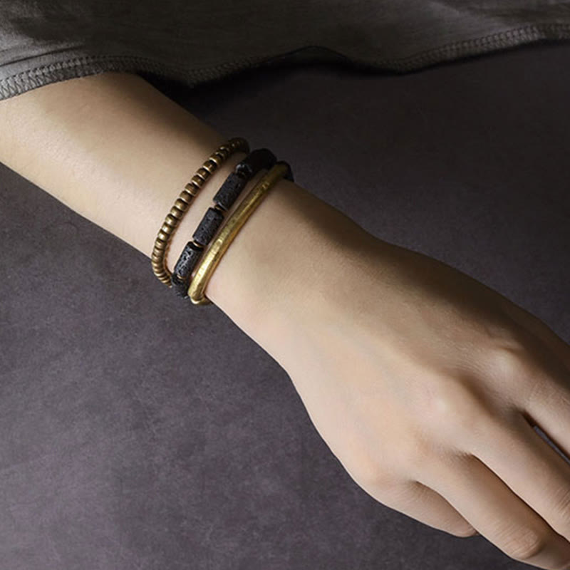Vintage Lava Rock Copper Brass Multi-turn Wrap Calm Bracelet