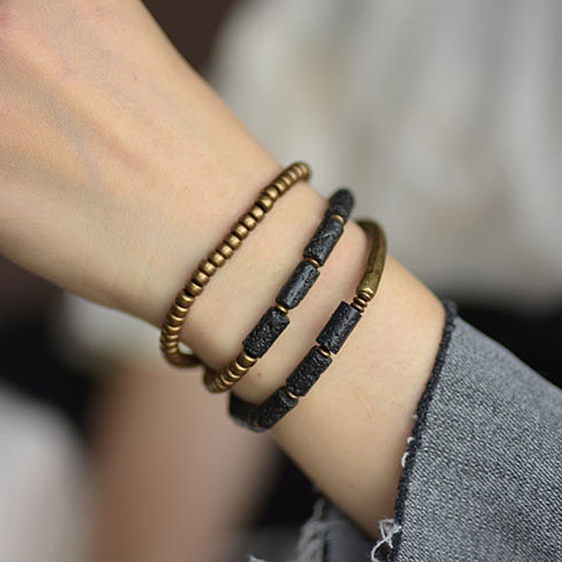 Vintage Lava Rock Copper Brass Multi-turn Wrap Calm Bracelet
