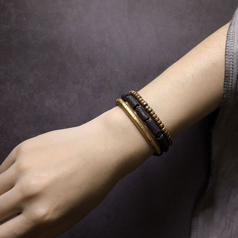 Vintage Lava Rock Copper Brass Multi-turn Wrap Calm Bracelet