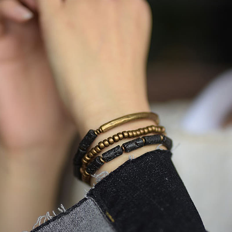 Vintage Lava Rock Copper Brass Multi-turn Wrap Calm Bracelet