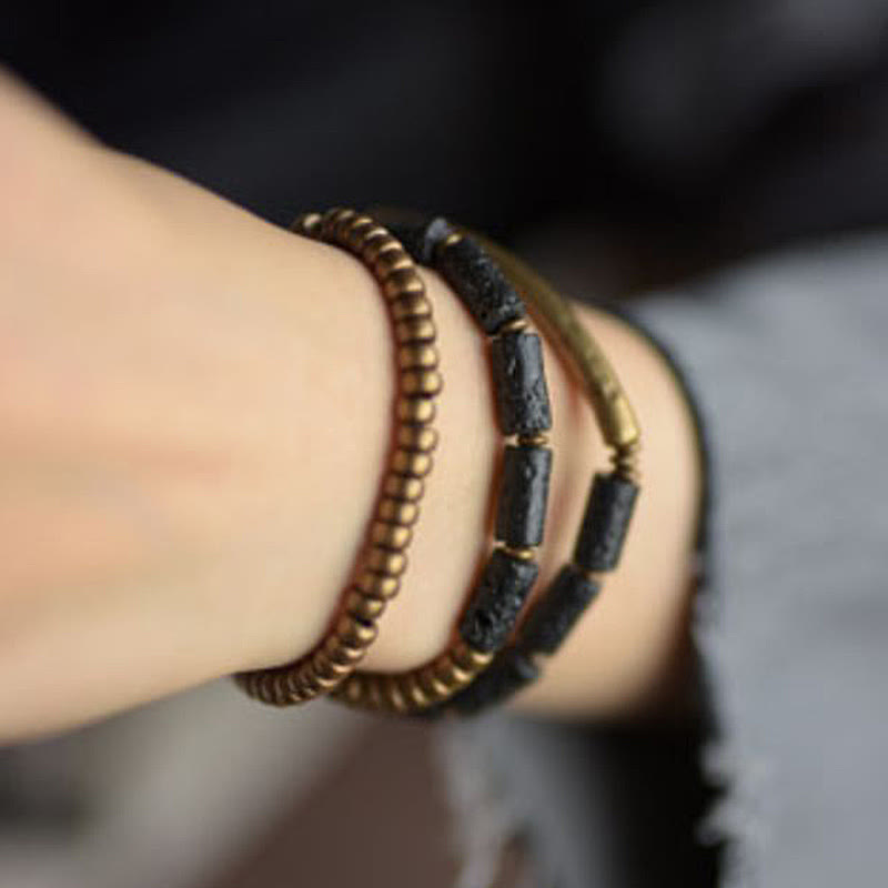 Vintage Lava Rock Copper Brass Multi-turn Wrap Calm Bracelet