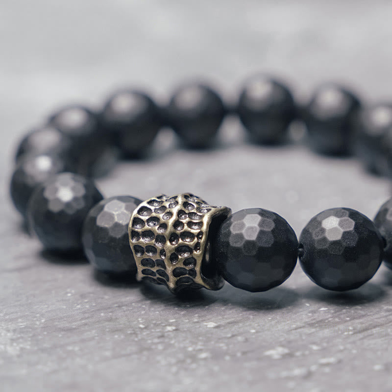 Matte Frosting Black Onyx with Cylindrical Copper and Brass Beaded Bracelet