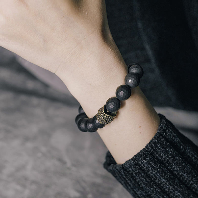 Matte Frosting Black Onyx with Cylindrical Copper and Brass Beaded Bracelet