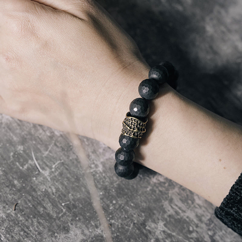 Matte Frosting Black Onyx with Cylindrical Copper and Brass Beaded Bracelet