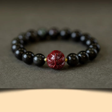 Natural Black Obsidian and Carved Cinnabar Chinese Zodiac Beaded Bracelet