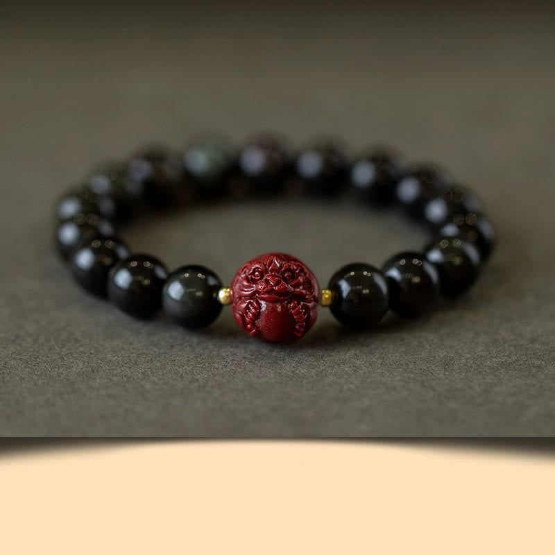 Natural Black Obsidian and Carved Cinnabar Chinese Zodiac Beaded Bracelet