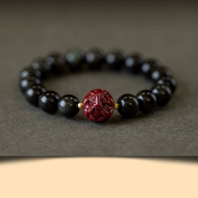 Natural Black Obsidian and Carved Cinnabar Chinese Zodiac Beaded Bracelet