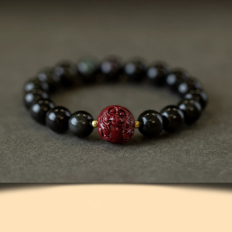 Natural Black Obsidian and Carved Cinnabar Chinese Zodiac Beaded Bracelet