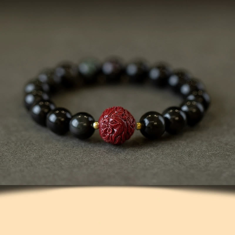 Natural Black Obsidian and Carved Cinnabar Chinese Zodiac Beaded Bracelet