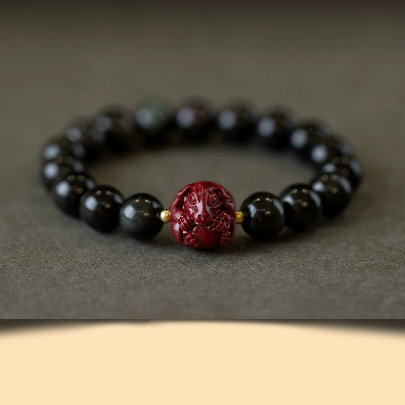 Natural Black Obsidian and Carved Cinnabar Chinese Zodiac Beaded Bracelet