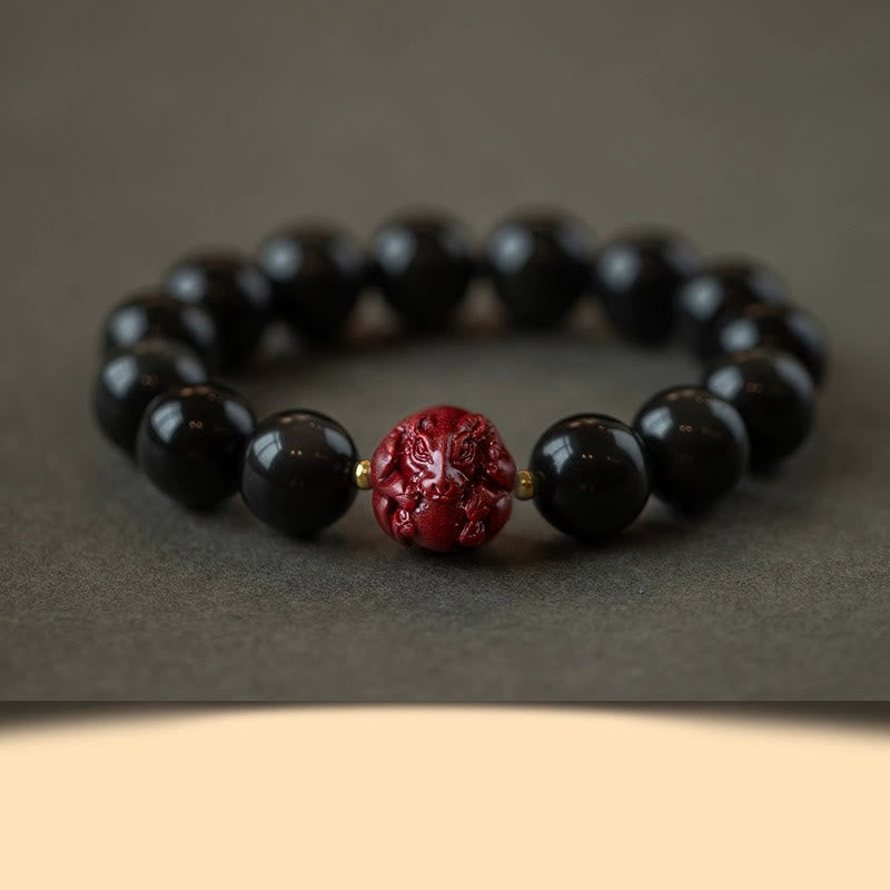 Natural Black Obsidian and Carved Cinnabar Chinese Zodiac Beaded Bracelet