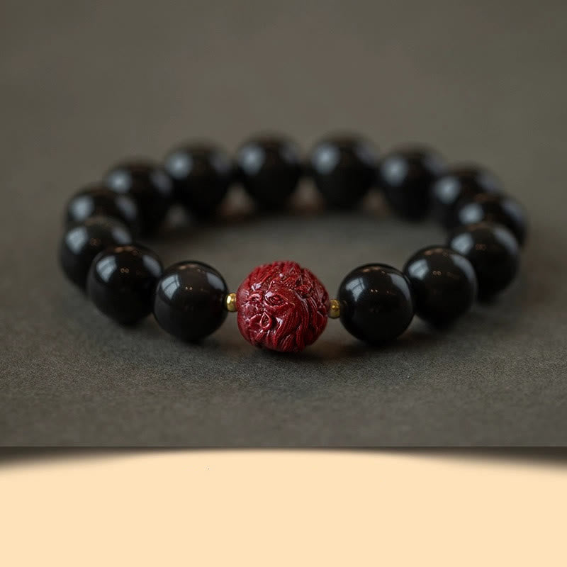 Natural Black Obsidian and Carved Cinnabar Chinese Zodiac Beaded Bracelet