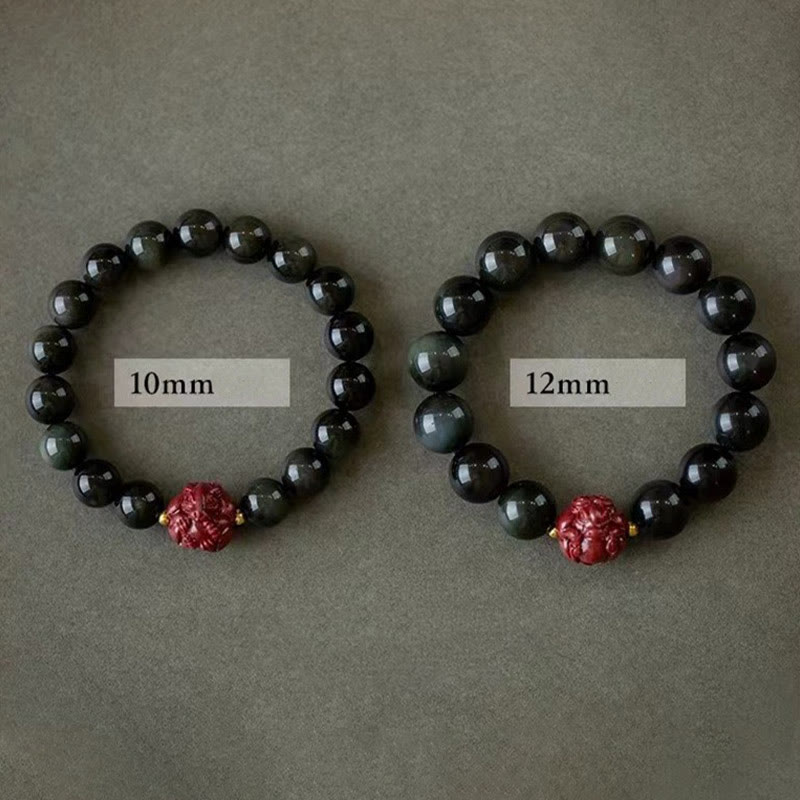 Natural Black Obsidian and Carved Cinnabar Chinese Zodiac Beaded Bracelet