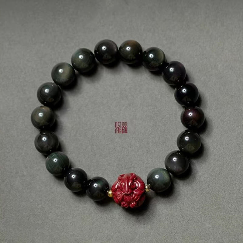 Natural Black Obsidian and Carved Cinnabar Chinese Zodiac Beaded Bracelet