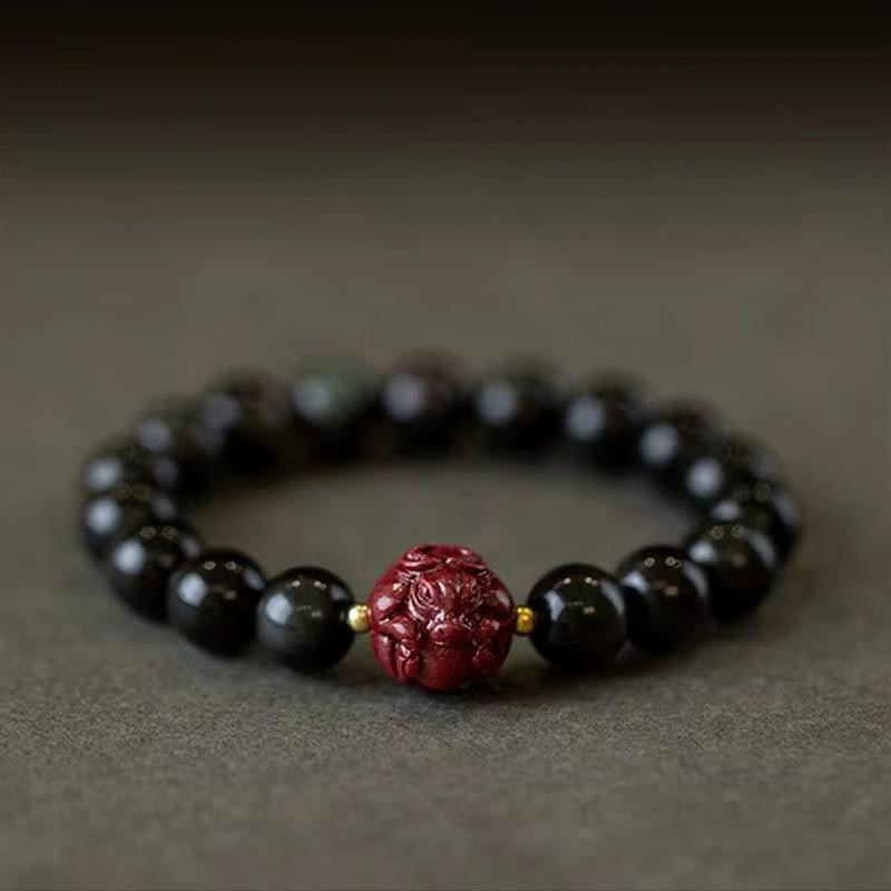 Natural Black Obsidian and Carved Cinnabar Chinese Zodiac Beaded Bracelet