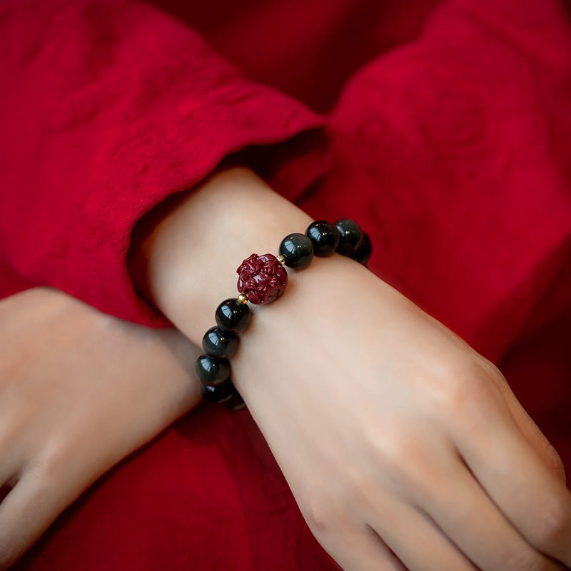 Natural Black Obsidian and Carved Cinnabar Chinese Zodiac Beaded Bracelet