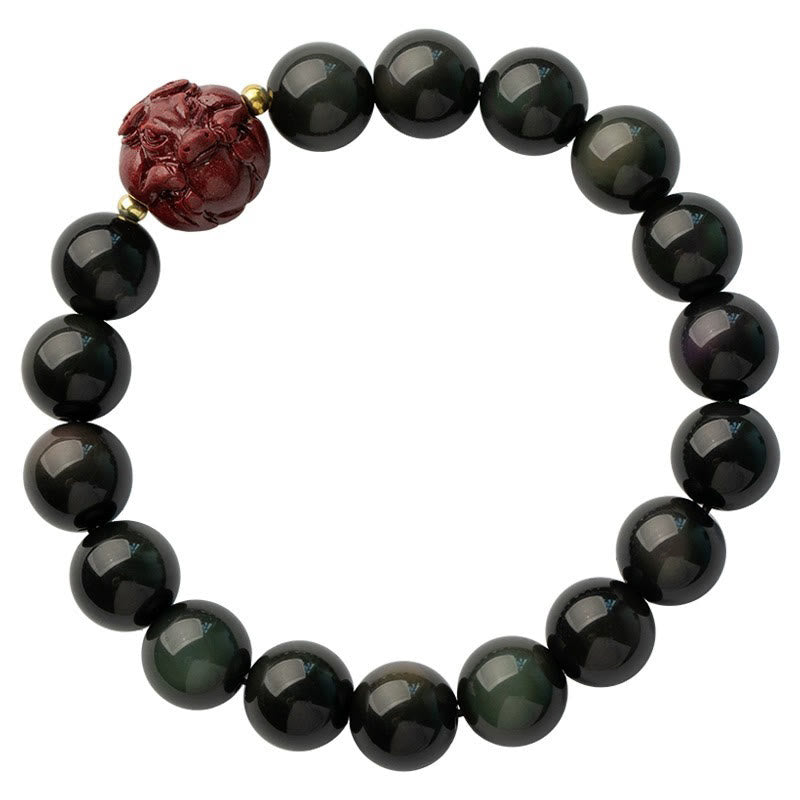 Natural Black Obsidian and Carved Cinnabar Chinese Zodiac Beaded Bracelet
