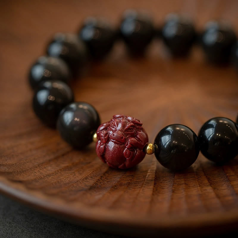 Natural Black Obsidian and Carved Cinnabar Chinese Zodiac Beaded Bracelet