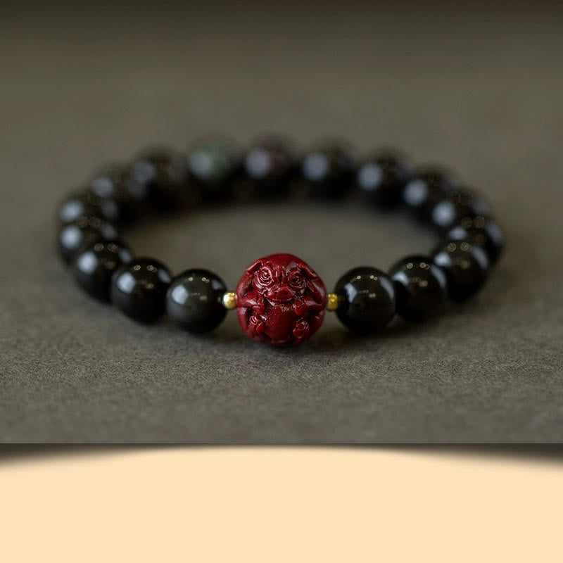 Natural Black Obsidian and Carved Cinnabar Chinese Zodiac Beaded Bracelet