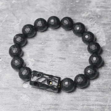 Matte Frosted Black Onyx and Ebony Wood Beaded Bracelet with Brass Accents
