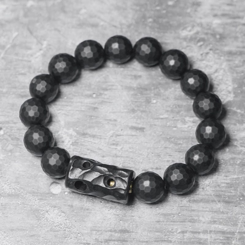 Matte Frosted Black Onyx and Ebony Wood Beaded Bracelet with Brass Accents