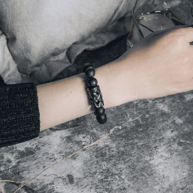 Matte Frosted Black Onyx and Ebony Wood Beaded Bracelet with Brass Accents