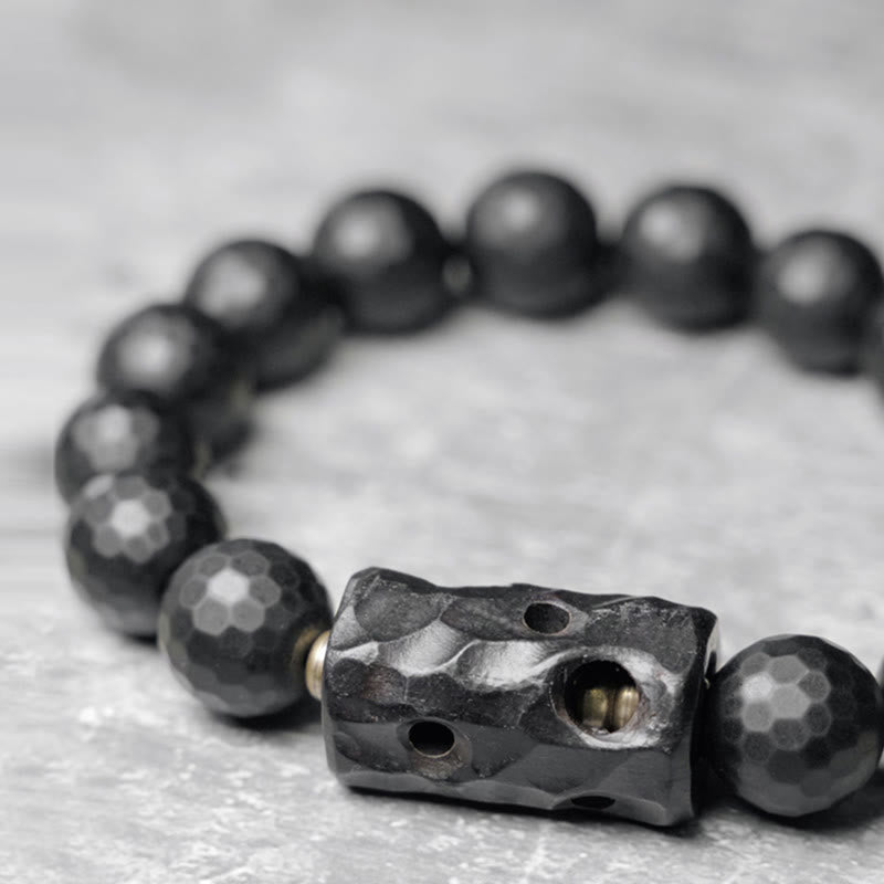 Matte Frosted Black Onyx and Ebony Wood Beaded Bracelet with Brass Accents