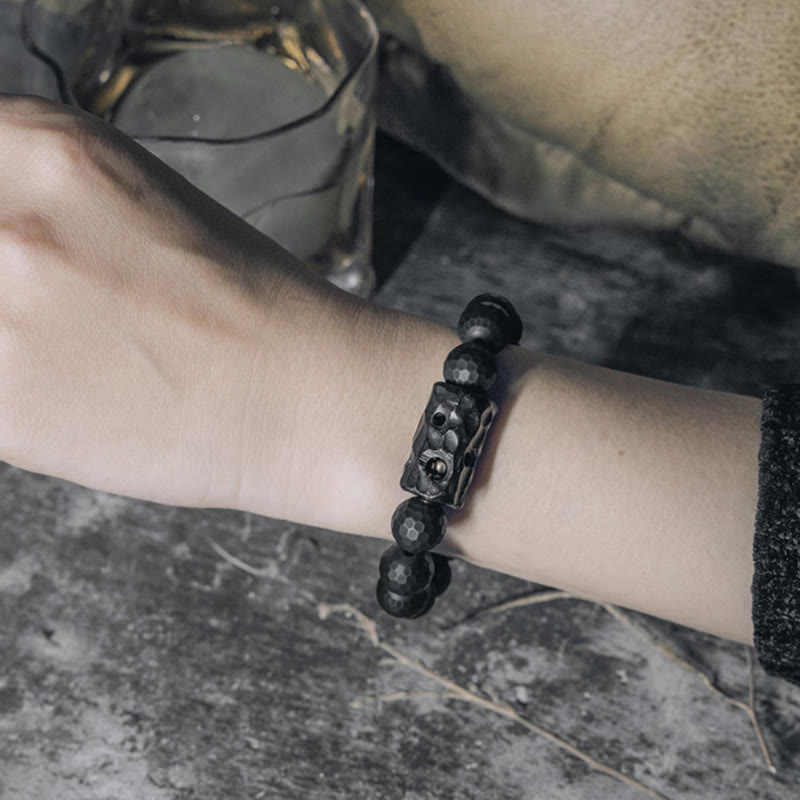 Matte Frosted Black Onyx and Ebony Wood Beaded Bracelet with Brass Accents