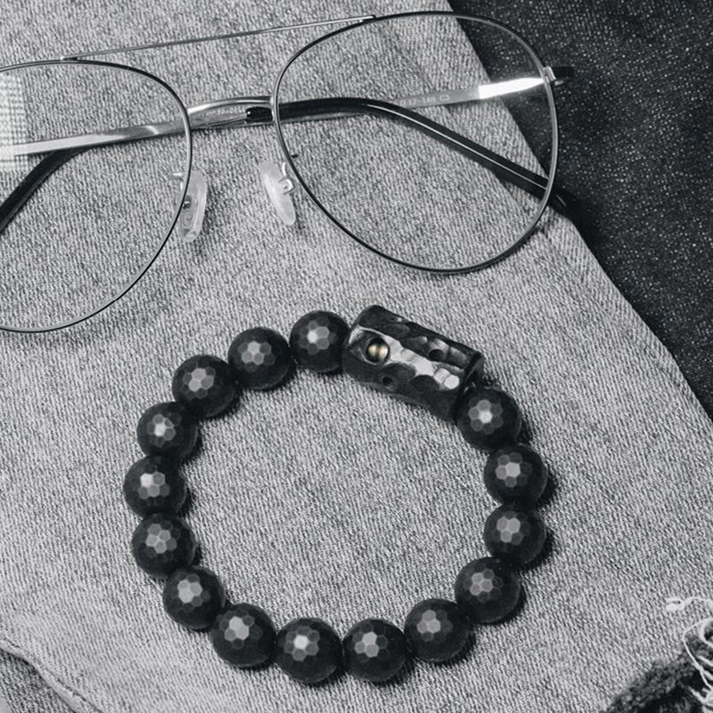 Matte Frosted Black Onyx and Ebony Wood Beaded Bracelet with Brass Accents