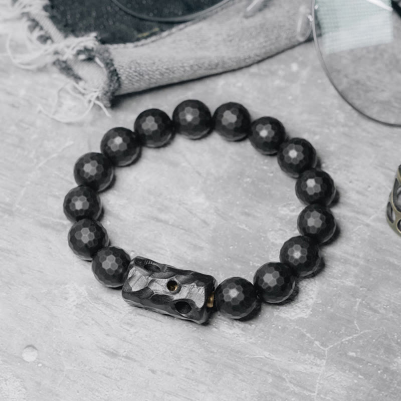 Matte Frosted Black Onyx and Ebony Wood Beaded Bracelet with Brass Accents