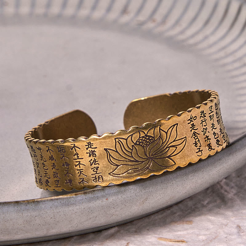 Heart Sutra Lotus Flower Copper Brass Peace Enlightenment Cuff Bracelet Bangle