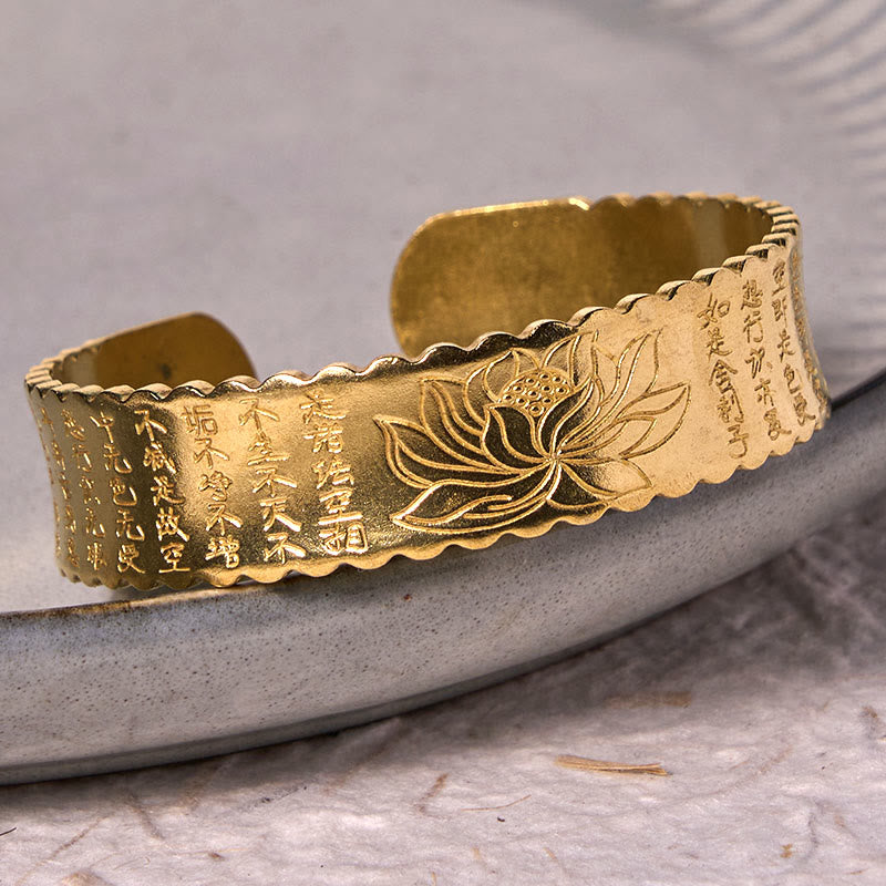 Heart Sutra Lotus Flower Copper Brass Peace Enlightenment Cuff Bracelet Bangle