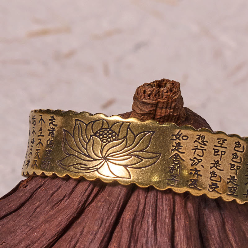 Heart Sutra Lotus Flower Copper Brass Peace Enlightenment Cuff Bracelet Bangle